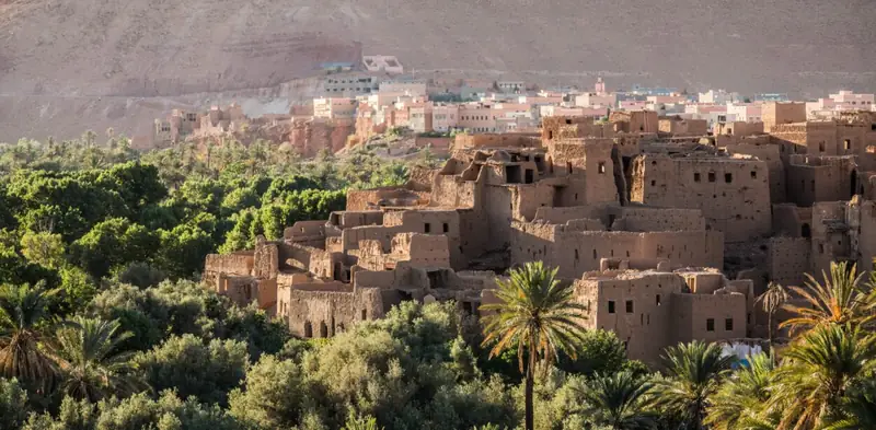 Mud-brick village among palm trees below rocky cliffs near Tinghir