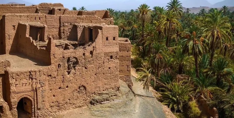 Kasbah ruins beside a palm grove in the Draa Valley